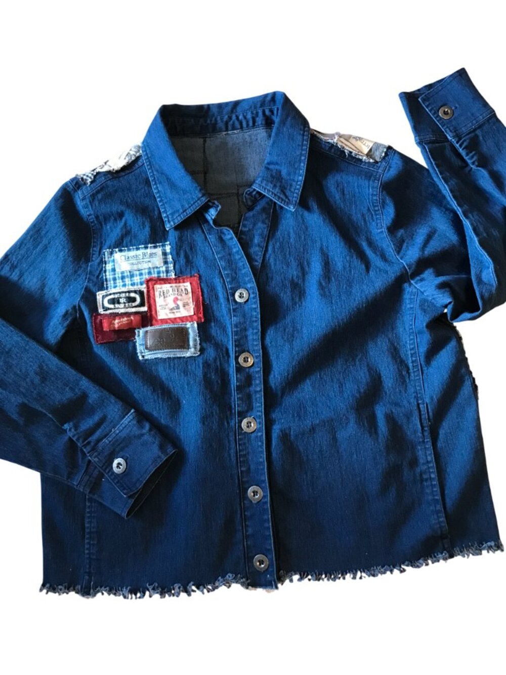 Upcycled Labels Jean Jacket Cropped Shirt Coat, Sewn-On Clothing Labels Sz S - M - Picture 4 of 16